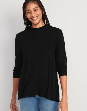 Luxe Mock-Neck Rib-Knit Swing T-Shirt for Women black