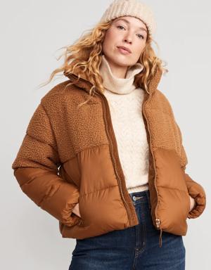 Short Sherpa-Paneled Puffer Jacket for Women brown