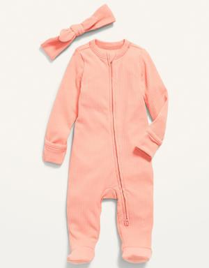 Unisex Sleep & Play 2-Way-Zip Footed One-Piece & Headband Layette Set for Baby pink