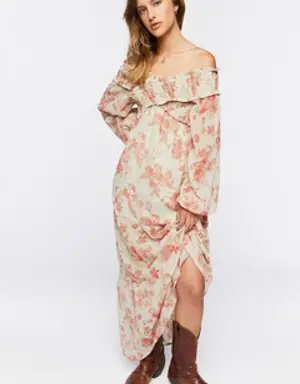 Forever 21 Floral Off the Shoulder Maxi Dress Beige/Multi