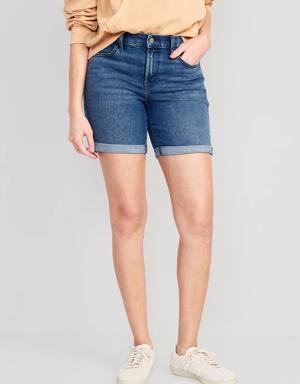 Mid-Rise Wow Jean Shorts for Women -- 7-inch inseam blue