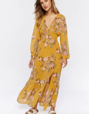 Forever 21 Plunging Floral Print Maxi Dress Mustard/Multi