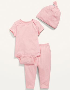 Unisex 3-Piece Slub-Knit Bodysuit, Pants & Hat Layette Set for Baby pink