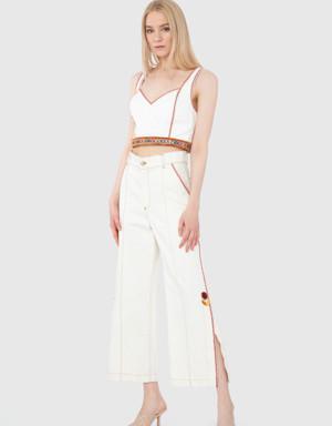 Stripe And Ethnic Accessory Detail Wide Leg White Trousers