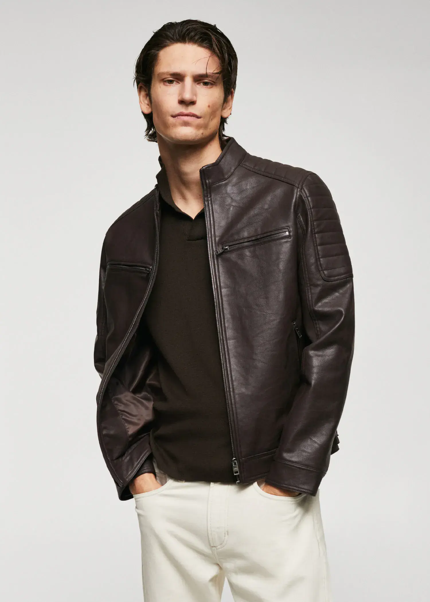 Mango Nappa leather-effect jacket. a man wearing a brown leather jacket. 