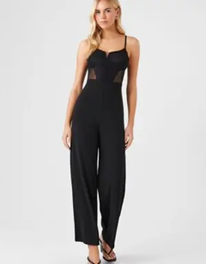 Forever 21 Lace &amp; Mesh Wide Leg Cami Jumpsuit Black