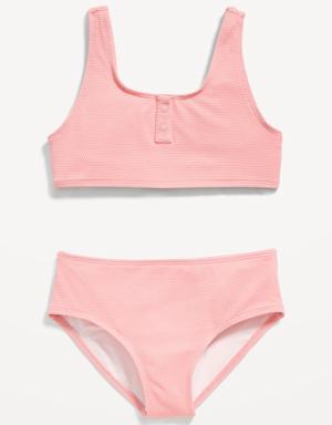Textured Henley Scoop-Neck Swim Set for Girls pink