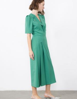 Embroidered Pleated Green Dress With Collar Detail