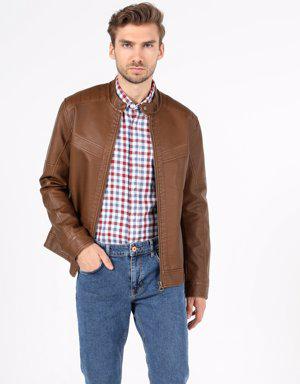 Slim Fit Erkek Kahverengi Suni Deri Mont Pu