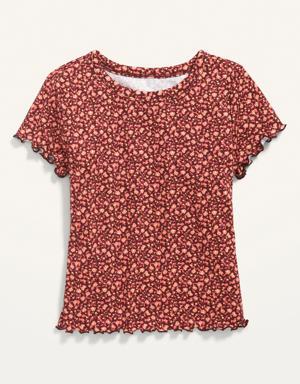 Printed Short-Sleeve Rib-Knit Lettuce-Edge T-Shirt for Girls red