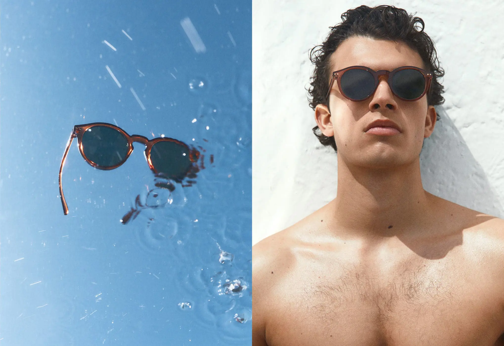 Mango Rounded sunglasses. two pictures of a man in the water and one of the man wearing sunglasses. 