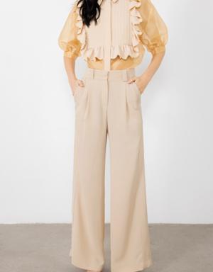 Beige Trousers with Pleated Ribbed Fronts