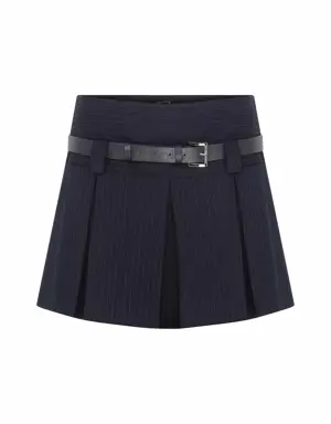 Striped Navy Blue Pleated Mini Skirt - 2 / Navy