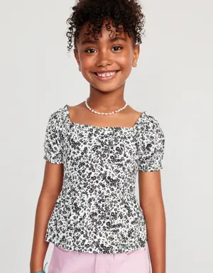 Printed Short Puff-Sleeve Smocked Top for Girls white