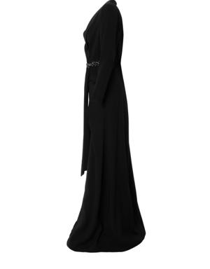 Draped Detailed Embroidered Long Black Dress