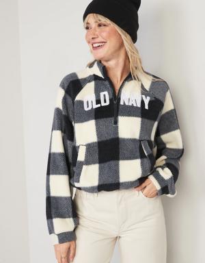Oversized Buffalo Plaid Logo Sherpa Quarter-Zip Sweatshirt for Women multi
