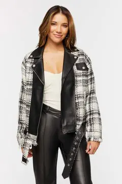 Forever 21 Forever 21 Tweed &amp; Faux Leather Moto Jacket Black/Cream. 2