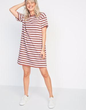 Loose Vintage Striped Slub-Knit T-Shirt Shift Dress for Women pink