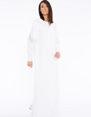 Long Ecru Dress with Lace Embroidery Detail on the Collar