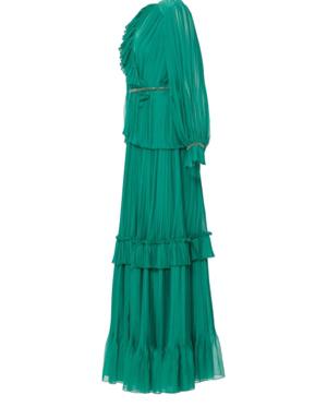 فستان صوف طويل أخضر مطوي مفتوح الرقبة