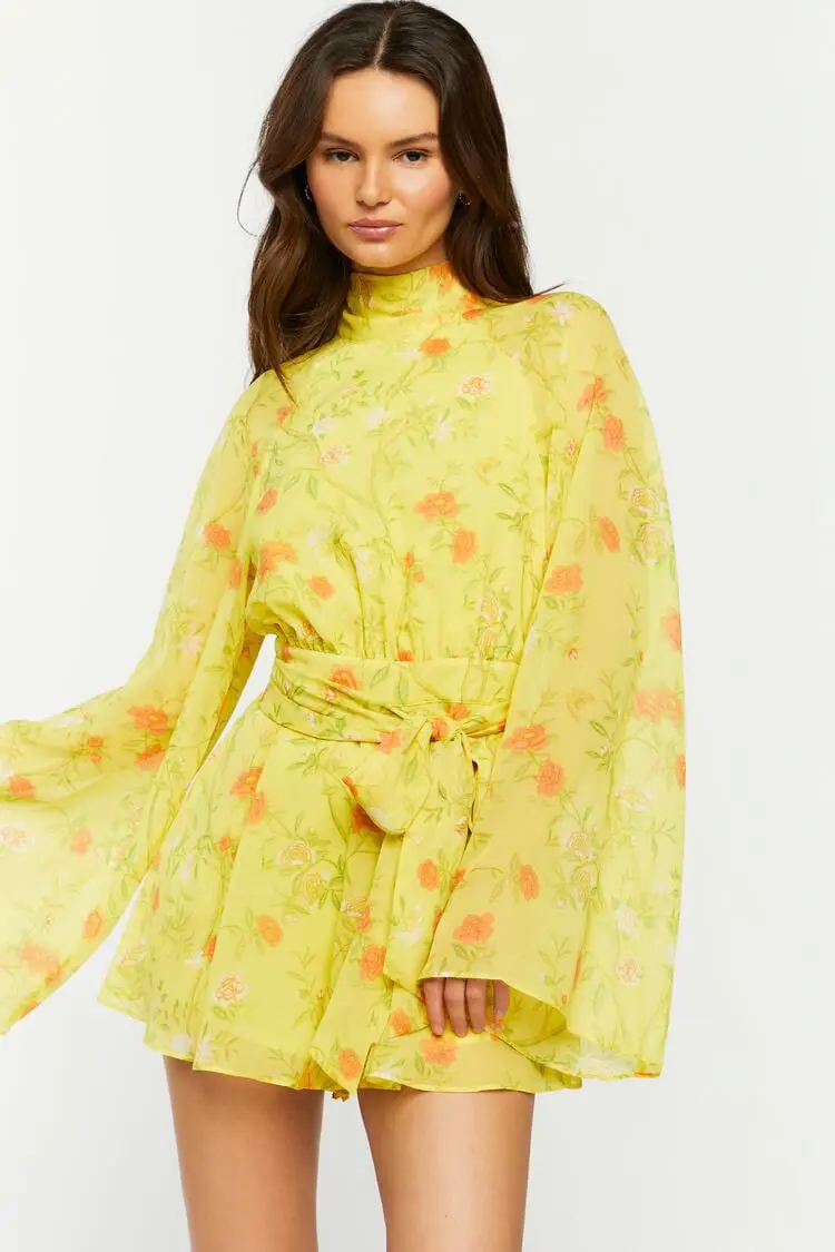 Forever 21 Forever 21 Floral Chiffon Bell Sleeve Romper Yellow/Multi. 1