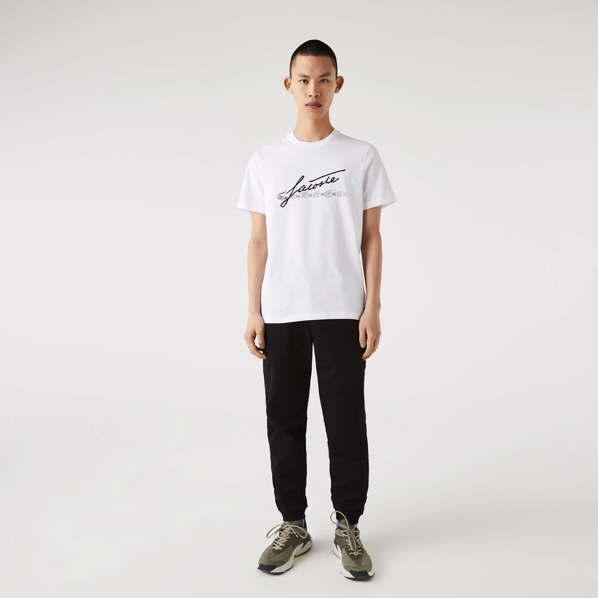 Lacoste Men's Signature And Crocodile Print Crew Neck Cotton T-Shirt. 1