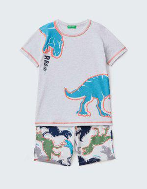Erkek Çocuk Açık Gri Melanj Dinozor Desenli Pijama Takımı
