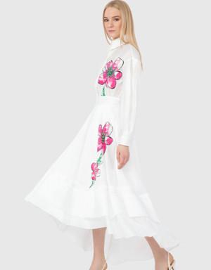 Floral Printed Pleated Detailed Midi Length White Skirt