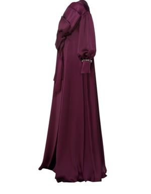 Bow Detailed V Neck Flowy Long Purple Evening Dress