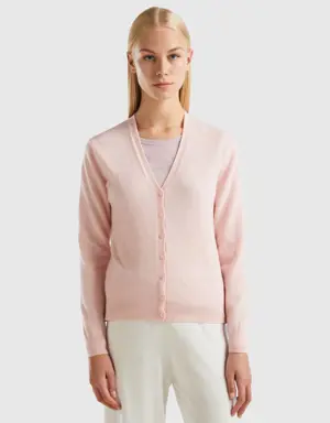 pastel pink v-neck cardigan in pure merino wool