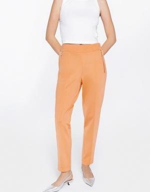 Rubber Waisted Salmon Trousers With Metal Zipper Detail