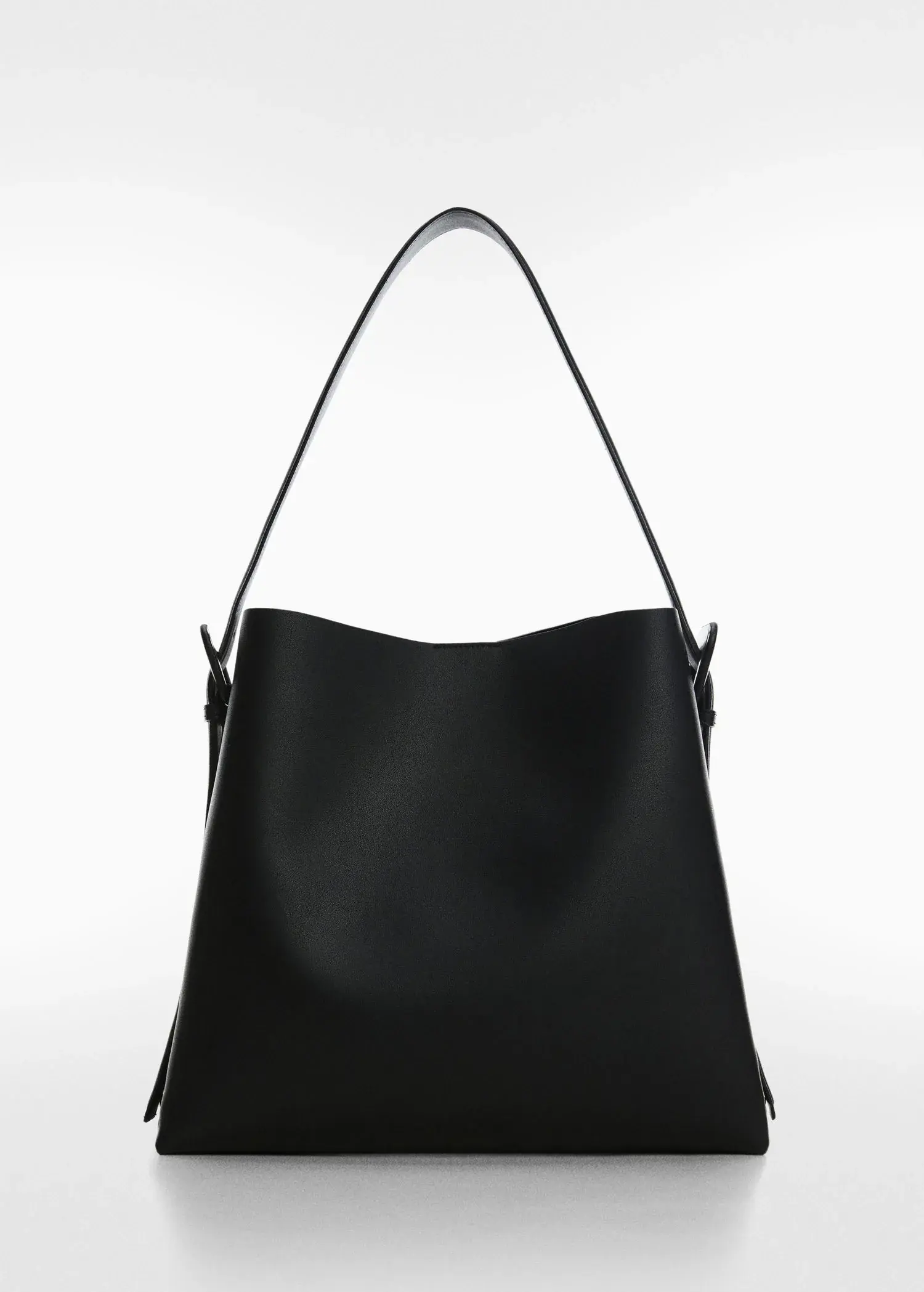 Mango Shopper bag with buckle. a black purse is shown on a white background. 