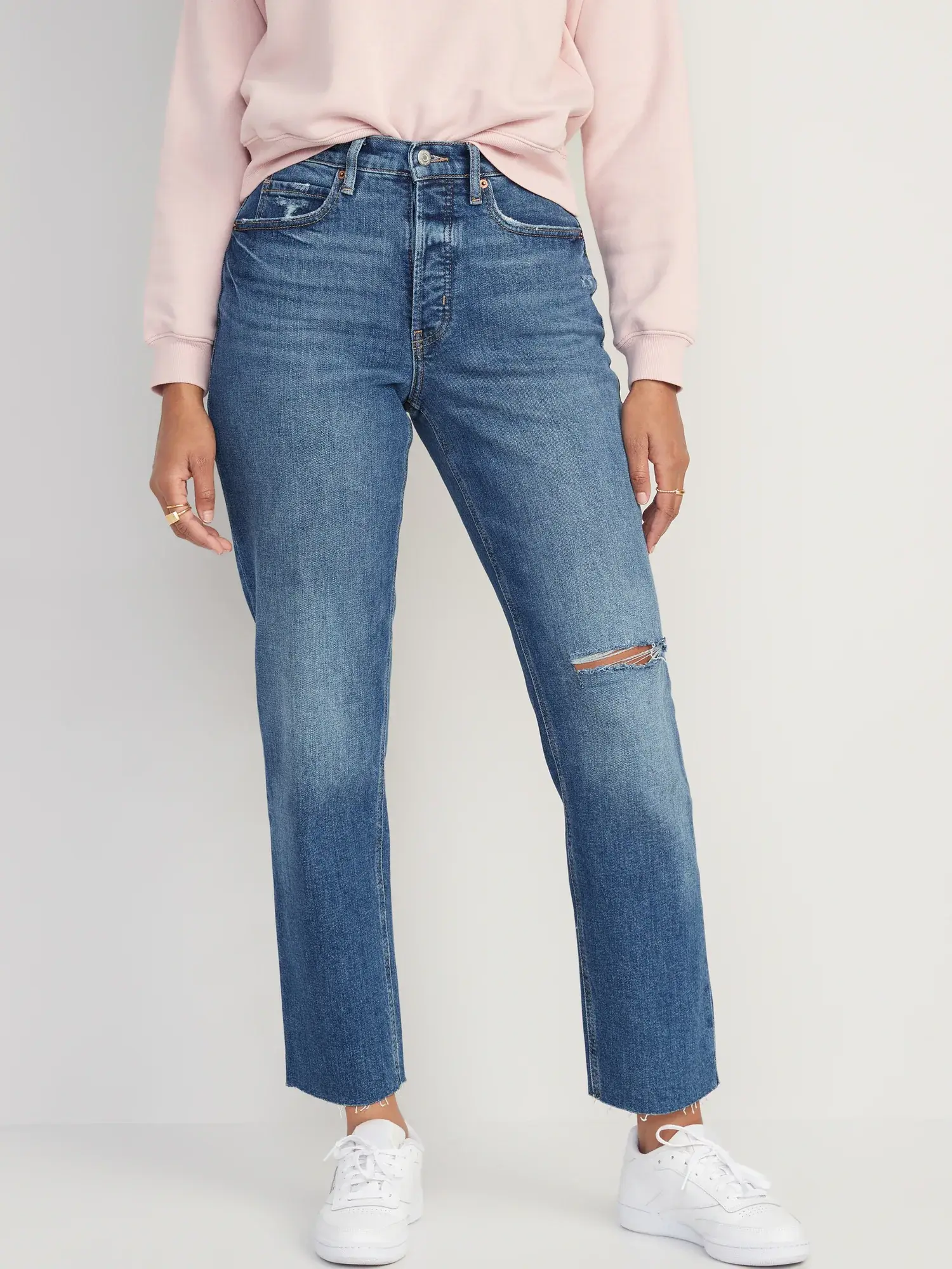 Old Navy Curvy Extra High-Waisted Button-Fly Sky-Hi Straight Ripped Jeans for Women blue. 1