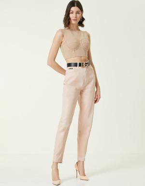 Bej Korse Detaylı Crop Bluz