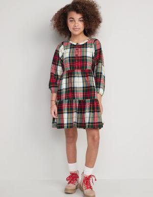Long-Sleeve Button-Front Plaid Swing Dress for Girls white