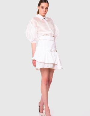 Ruffle And Stripe Detailed Pleated Mini White Skirt