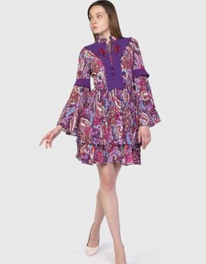 Embroidered Detailed Wide Sleeves Mini Claret Red Dress