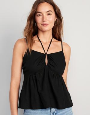 Linen-Blend Strappy Keyhole-Front Smocked Babydoll Cami Top for Women black