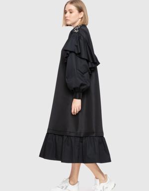 Volan Detail Voluminous Sleeve Black Dress