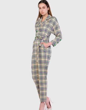 Button Detailed Side Belted Plaid Green Jumpsuit