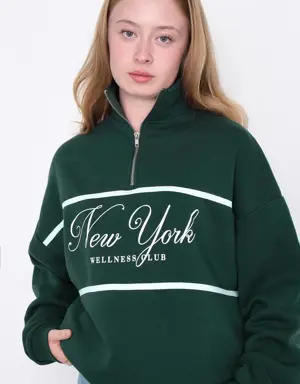 Yakası Yarım Fermuarlı NEW YORK Baskılı Sweatshirt
