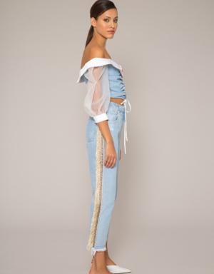 Organza Sleeves, Pleated, Embroidery Detailed Blue Crop Top