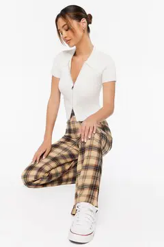 Forever 21 Forever 21 Plaid High Rise Flare Pants Taupe/Multi. 2