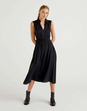 Kadın Siyah V Yaka Beli Lastikli Maxi Elbise