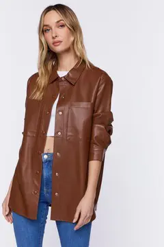 Forever 21 Forever 21 Faux Leather Drop Sleeve Shacket Brown. 2