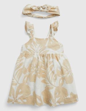Baby Linen-Cotton Floral Dress Set beige
