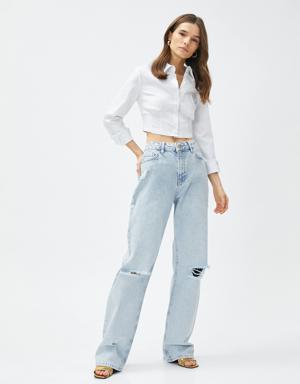 Yüksek Bel Kot Pantolon Yırtık Düz Paça - Nora Jeans