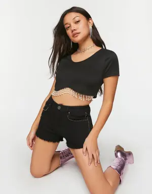 Forever 21 Faux Pearl Trim Crop Top Black