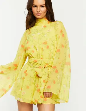 Forever 21 Floral Chiffon Bell Sleeve Romper Yellow/Multi