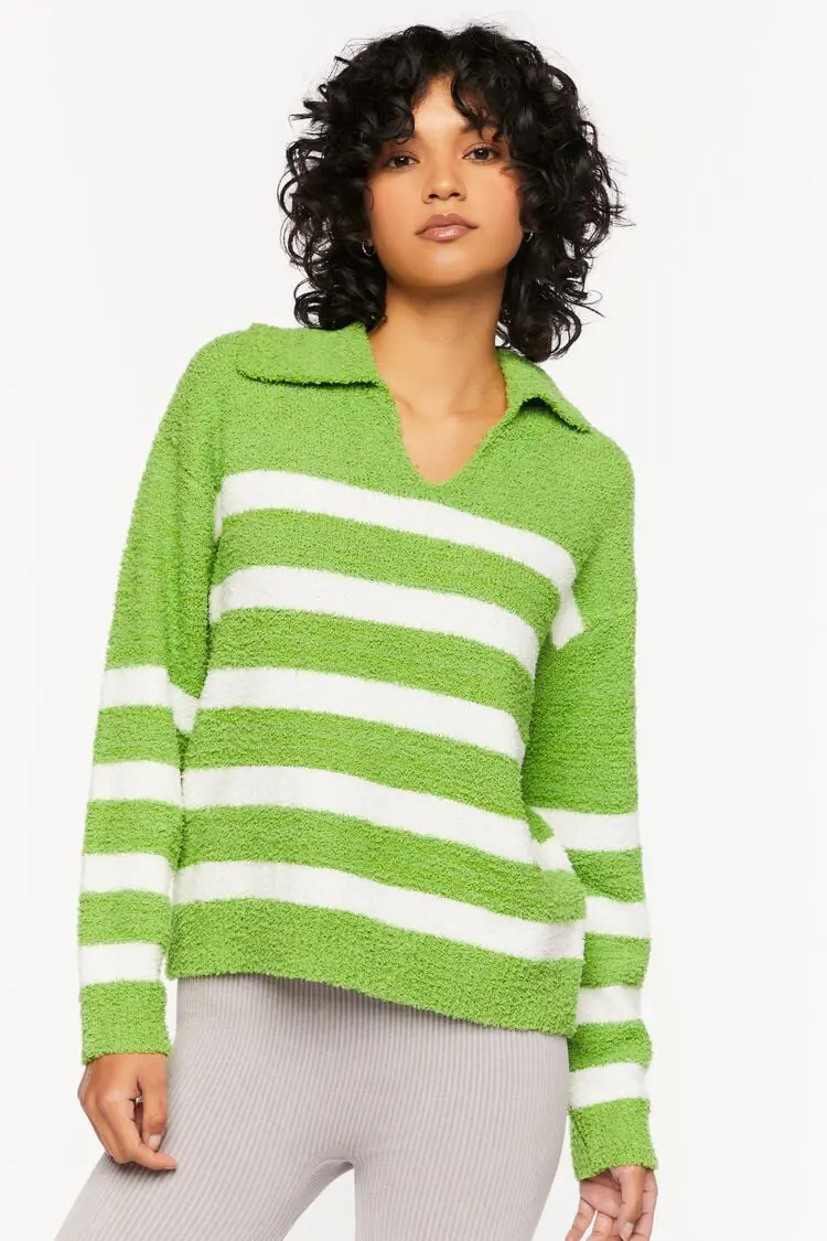 Forever 21 Forever 21 Fuzzy Striped Collared Sweater Green/Cream. 1